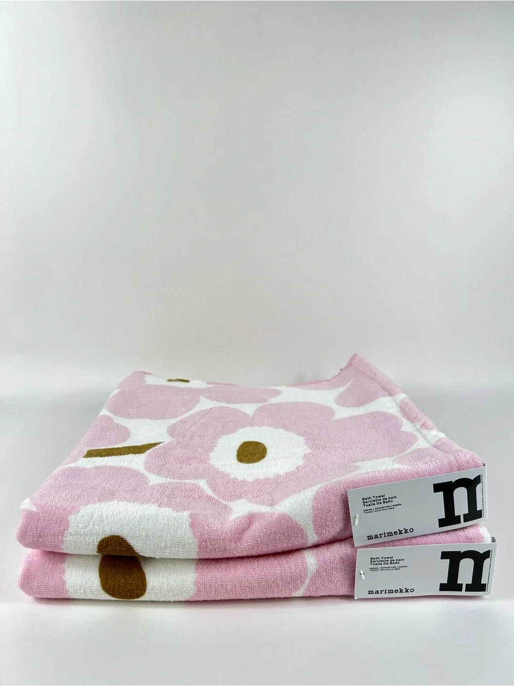 Marimekko Bath Towels Pink White Unikko Floral Soft Cotton Velour 2 Pc NEW